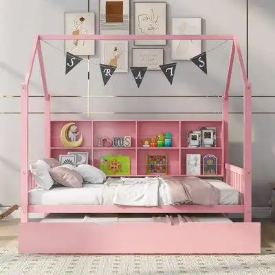 Harper Orchard Noria Wooden Size House Bed with Trundle, Kids Bed with Shelf
