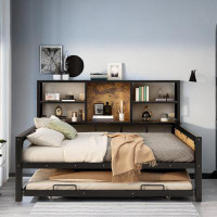 17 Stories Metal Industrial Style Wooden Daybed With Storage Shelves And Trundle