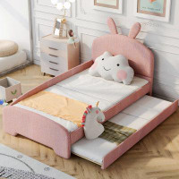 Trinx Twin Size Upholstered Platform Bed With Cartoon Ears Shaped Headboard And Trundle