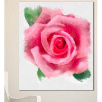 Made in Canada - Design Art 'Big Pink Rose Flower with Leaves' Painting Print on Wrapped Canvas