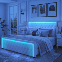 Ivy Bronx Grey King Platform Bed Frame With High Headboard, Velvet Upholstery, Deep Tufted Buttons, Adjustable Led Light