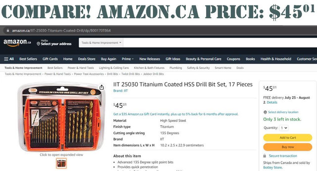 IIT® 17-PIECE TITANIUM COATED HSS DRILL BIT SET -- Amazon.ca price $45 -- Our price only $16.95! in Other - Image 3