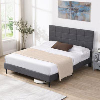 Ebern Designs Platform Bed Frame with Fabric Upholstered Headboard and Wooden Slats
