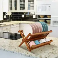 A Home Utoplike Teak Dish Drainer Rack Collapsible 2 Tier Dish Rack Dish Drying Rack Foldable Plate Organizer Holder
