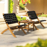 August Grove 3-Piece Solid Wood Outdoor Bistro Set with Side Table, Foldable Reclining Design