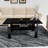 Wrought Studio Black Glass Coffee Table Set - Modern 2-Piece Living Room Furniture Ensemble with Large Storage