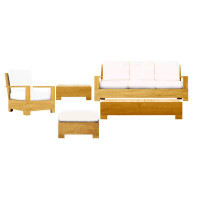 Teak Smith 5 Pc Sofa Set: Sofa, Lounge Chair, Ottoman,Coffee&SideTable + Sunbrella #57003 Canvas White Cushions-33" H x