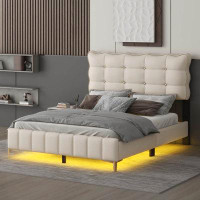 Mercer41 Full Size Velvet Platform Bed With LED Frame And Stylish Mental Bed Legs
