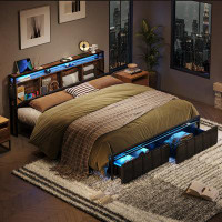Wade Logan Brisna Bed with PU Leather Upholstered Storage Headboard and LED Lights Charging Station