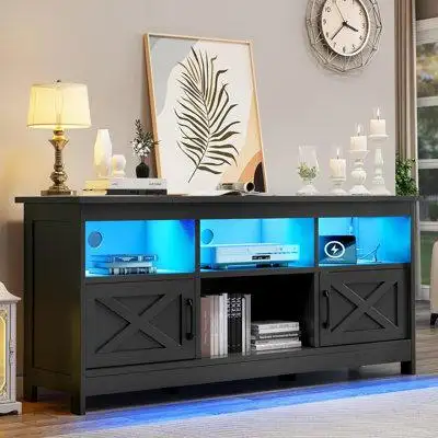 Gracie Oaks Farmhouse TV Stand, LED Light Entertainment Centre with Storage Cabinets, Power Outlet