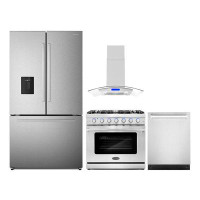Cosmo 4 Piece Kitchen Package With 36" Freestanding Gas Range 36" Island Mount Range Hood 24" Built-in Fully Integrated