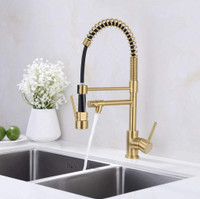 Hands Free Kitchen Faucet Pre-Rinse Pull-Down Flexible With Separate Pot Filler Spout 19 Brushed Gold Finish