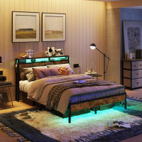 Trent Austin Design Annice Bed Frame Metal Platform Bed with Wood Storage Headboard and LED Lights Charging Station