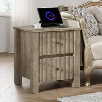 Millwood Pines Vintage Grey Modern End Table With Charging Station, Wood Sofa Table With Usb Ports, Bedside Table With 2