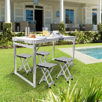 CG INTERNATIONAL TRADING Folding Picnic Table With 4 Stools, Aluminum Table Chair Set For Up To 4 Persons, Portable Ligh