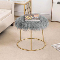 Everly Quinn Penne Round Grey Faux Fur Vanity Stool