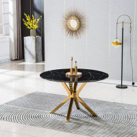 Mercer41 Modern Round Marble Table For Dining Room/Kitchen, 1.02" Thick Marble Top, Gold Finish Stainless Steel Base
