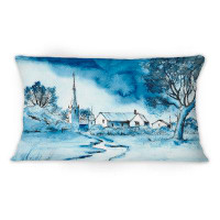 East Urban Home Landscape In Blue Tones Of A Small Town - Colonial Printed Throw Pillow 1