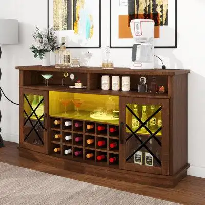 Wrought Studio Wrought Studio Farmhouse 58" Coffee Wine Bar Cabinet With Charging Station&LED Lights, Sideboard Buffet C
