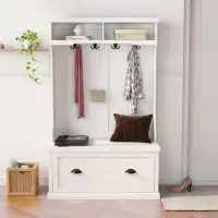 Winston Porter Entryway hall tree with coat rack 4 hooks and storage bench shoe cabinet white