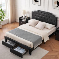 Winston Porter Bed Frame With Upholstered Leather Headboard, Footboard Platform Bed Frame With 2 Drawers