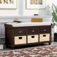 Hokku Designs Rustic Storage Bench with 3 Drawers and 3 Rattan Baskets, Shoe Bench for Living Room, Espresso