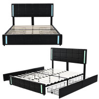 Latitude Run® Queen Size Upholstered Platform Bed With LED Lights And USB Chargin, 4 Drawers For Storage