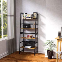 17 Stories Bookshelf; Ladder Shelf; 4 Tier Tall Bookcase; Modern Open Book Case For Bedroom; Living Room; Office (Brown)