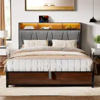 17 Stories Antioch Bed Frame Queen Size with Lift Up Storage, LED Light&Outlet, Upholstered Bed with Headboard