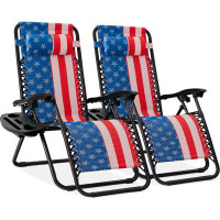 Arlmont & Co. Set Of 2 Adjustable Steel Mesh Zero Gravity Lounge Chair Recliners W/Pillows And Cup Holder Trays - Americ