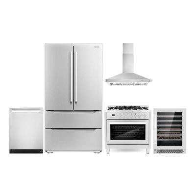 Cosmo Cosmo 5 Piece Kitchen Package With 36" Freestanding Gas Range 36" Wall Mount Range Hood 24" Built-in Fully Integra in Refrigerators