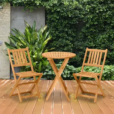 3pc Acacia Wood Foldable Bistro Dining Table & 2 Chairs Set Outdoor Garden Patio Deck, Natural