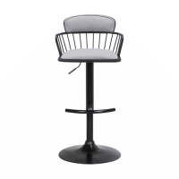 George Oliver Lanay 25-33 Inch Adjustable Barstool Chair, Light Grey Fabric, Black Frame