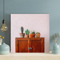 Foundry Select Green Cactus Plant On Brown Wooden Cabinet - Wrapped Canvas Painting
