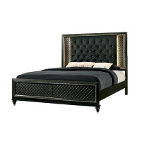 Rosdorf Park Fabric Upholstered Eastern King Bed With Mirror And Led Trim,Black And Grey