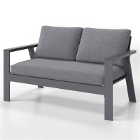 wendeway Small Patio Dual Reclining Sofa Grey Aluminum Outdoor Couch With Wod Grain Arm