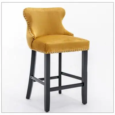 House of Hampton Contemporary Velvet Upholstered Wing-Back Barstools With Button Tufted Decoration And Wooden Legs, And
