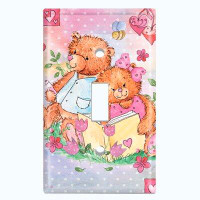 WorldAcc Metal Light Switch Plate Outlet Cover (Two Teddy Bears Bed Time Storey Pink - Single Toggle)
