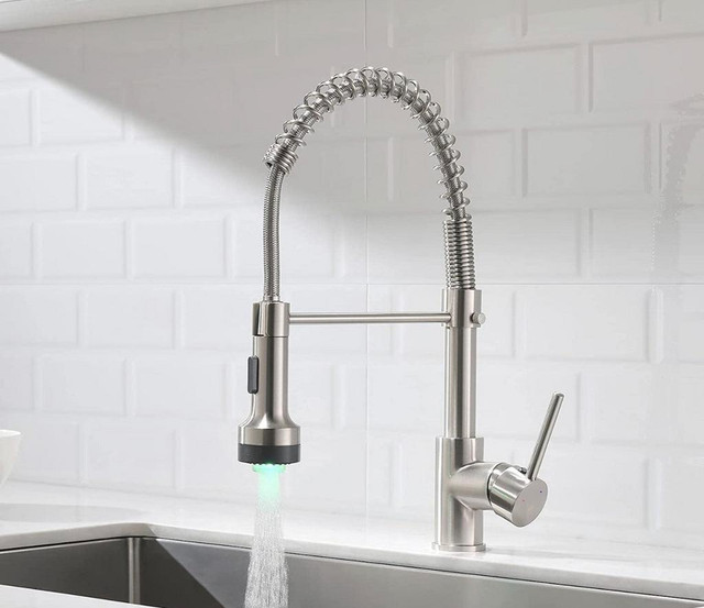 Pull-Down Spiral Flexible Kitchen Faucet 16.5 With LED Light And Soap Dispenser Brushed Nickel Finish in Plumbing, Sinks, Toilets & Showers - Image 2