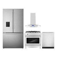Cosmo 4 Piece Kitchen Package With 36" Freestanding Gas Range 36" Island Range Hood 24" Built-in Fully Integrated Dishwa
