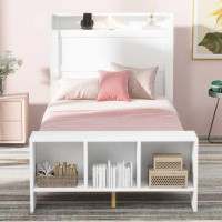 Red Barrel Studio Twin Size Platform Bed with built-in shelves, LED Light and USB ports