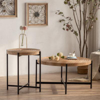 Wenty Modern Thread Design Round Coffee Table , MDF Table Top With Cross Legs Metal Base(Set Of 2 Pcs )