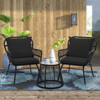 Bayou Breeze 3-Piece Patio Conversation Bistro Set, Outdoor All-Weather Wicker Furniture With Tempered Glass Top Table &