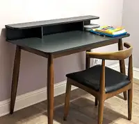 Mid Century Modern Home Office Computer Desk Wood Writing Table Bookshelf Shelf