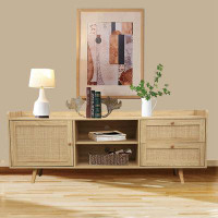 George Oliver Mid Century TV Stand With Rattan-Decorated Doors, Spacious Cabinets, And Adjustable Shelf - Wood TV Consol