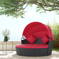 Rattan Round Sofa Bed w/ Canopy 68.9" x 70.9" x 57.9" Red