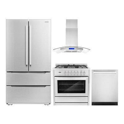 Cosmo 4 Piece Kitchen Package with French Door Refrigerator & 35.5" Freestanding Dual Fuel Range in Refrigerators