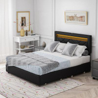 Wenty Queen Size Bed Frame With LED Lights, USB Charging Station, Black Textured Paint Bed Frame, Four Bottom Drawers Fo
