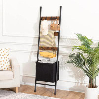 17 Stories 17 Storeys Blanket Ladder With Basket, 17.3”L X 63.4”H, Towel Rack With Hooks, Blanket Holder Rack, Decorativ