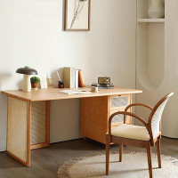 Recon Furniture 62.99" burlywood Rectangular Rattan Solid Wood Desk Set,3-drawer 1-chair